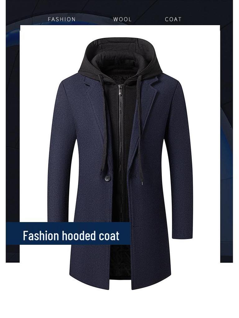 Korean-Style Men's Wool Blend Mid-Length Coat with Removable Hood