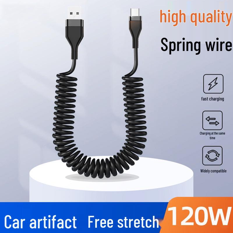 120W Dual Type-C Spring Data Cable for Apple & Huawei: 6A Super Fast Charging