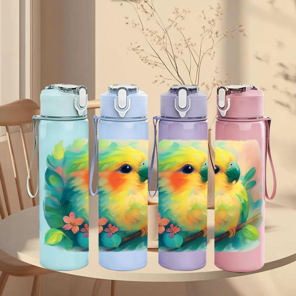 1PC Parrot Tropical Feather Splash 750ml Color Plastic Sports Water Bottle Leakproof Flip Straw Lid Suitable for Sports Office Home Use