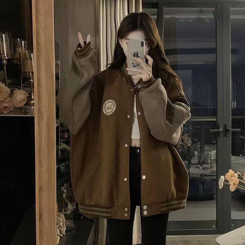 Womens Oversized Baseball Jacket Warm Loose Hoodie Cardigan Casual Streetwear With Embroidered Patch