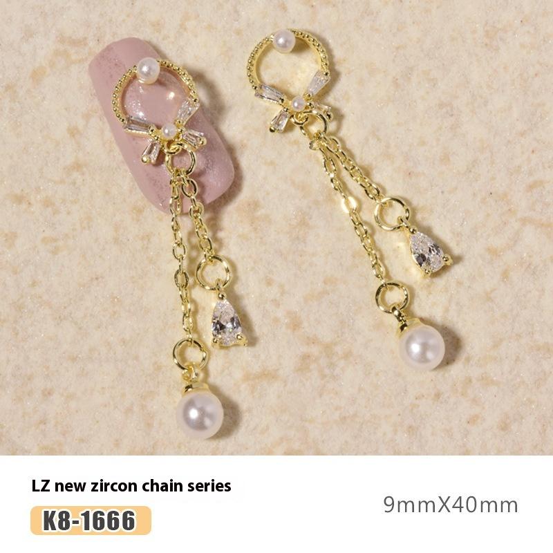 Nail Art Zircon Plated Real Gold Chain Jewelry Pearl Pendant Gold Bow Zircon Chain