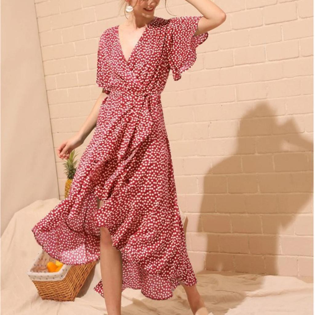 Women's Summer Casual Print  Short-sleeve Sexy Cross V-neck Side Zipper  Waist Lace-up Irregular Hem Split Ruffle Dress