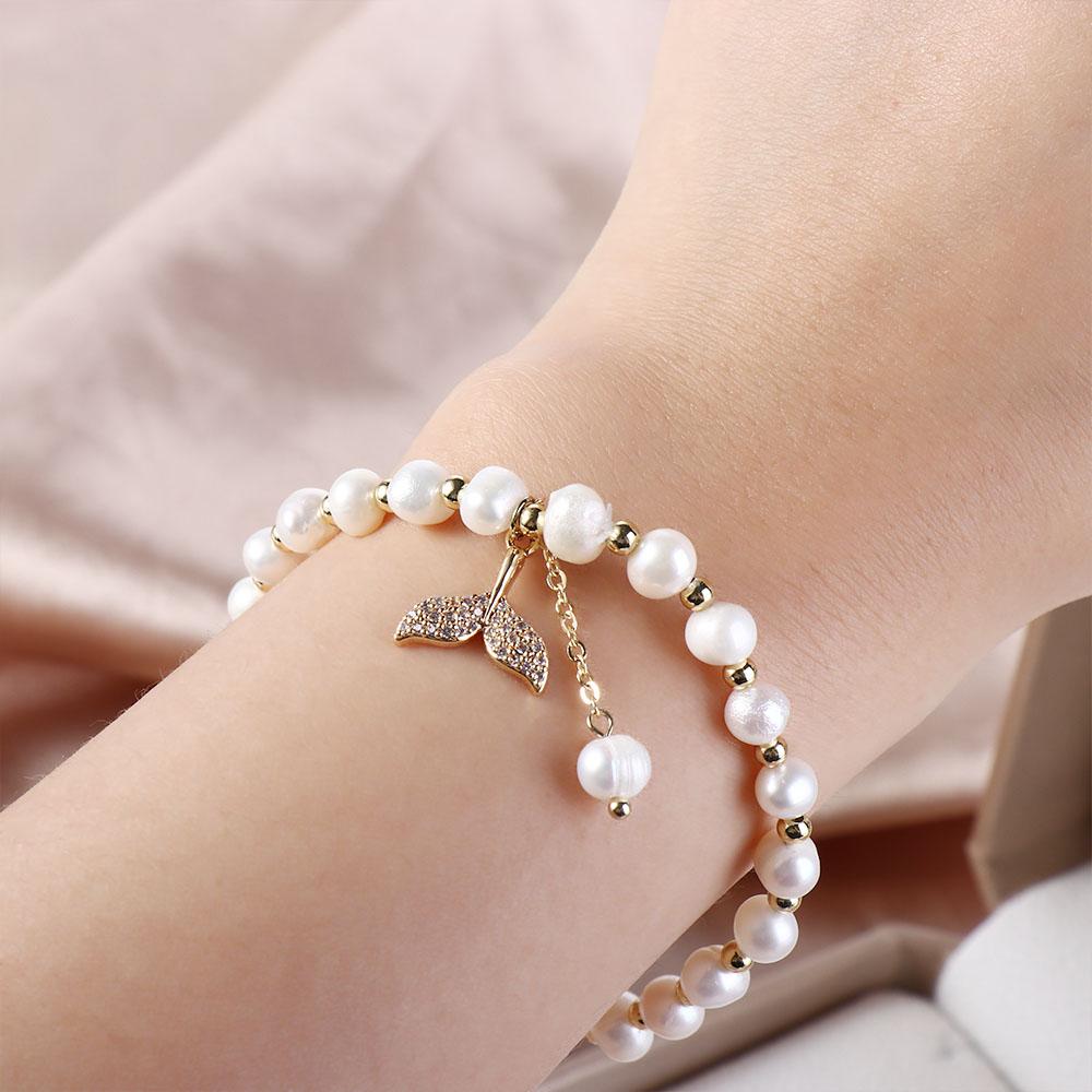 Fashion Jewelry Women Temperament Crystal Pendant Whale Fishtail Bracelets Beads Pearl Bangles