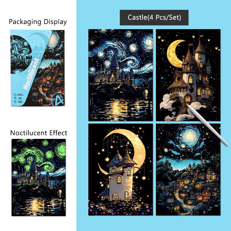 4 Pcs/Set A5 Noctilucent Diy Scratch Painting Castle Lanscape Cute Animal Night View Manual Scratch Painting Drawing