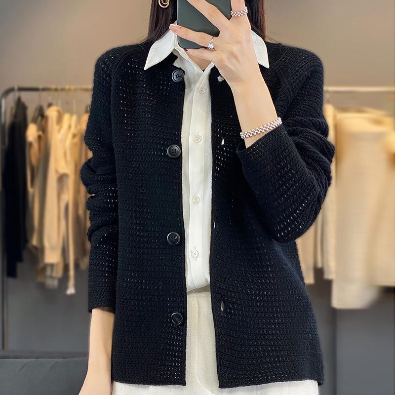 Women's Pure Wool Knit Cardigan Sweater: Loose, Round Neck, Hollow-Out Design