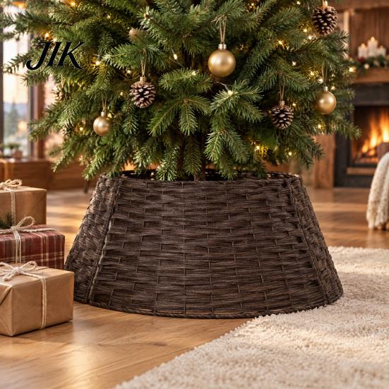 Christmas Tree Collar Handwoven Rattan Collar, Natural Brown Base Skirt, Decorative Indoor Ornament Wicker Stand Cover for Home Office Floor