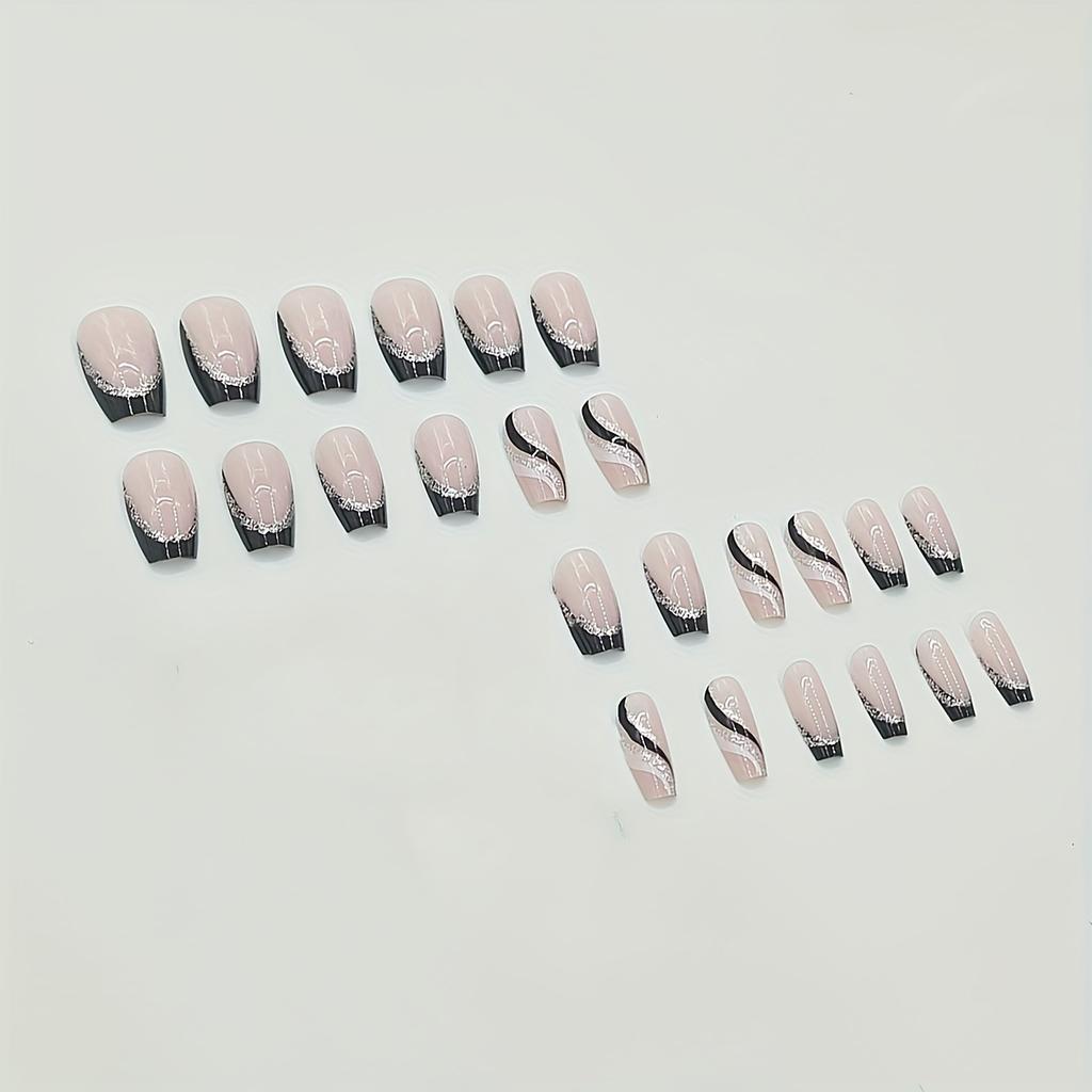 24pcs Glossy Medium Ballet Fake Nails, Black French Tip Press On Nails With Silvery Glitter White Swirl Design, Sweet Cool False Nails For Women Girls