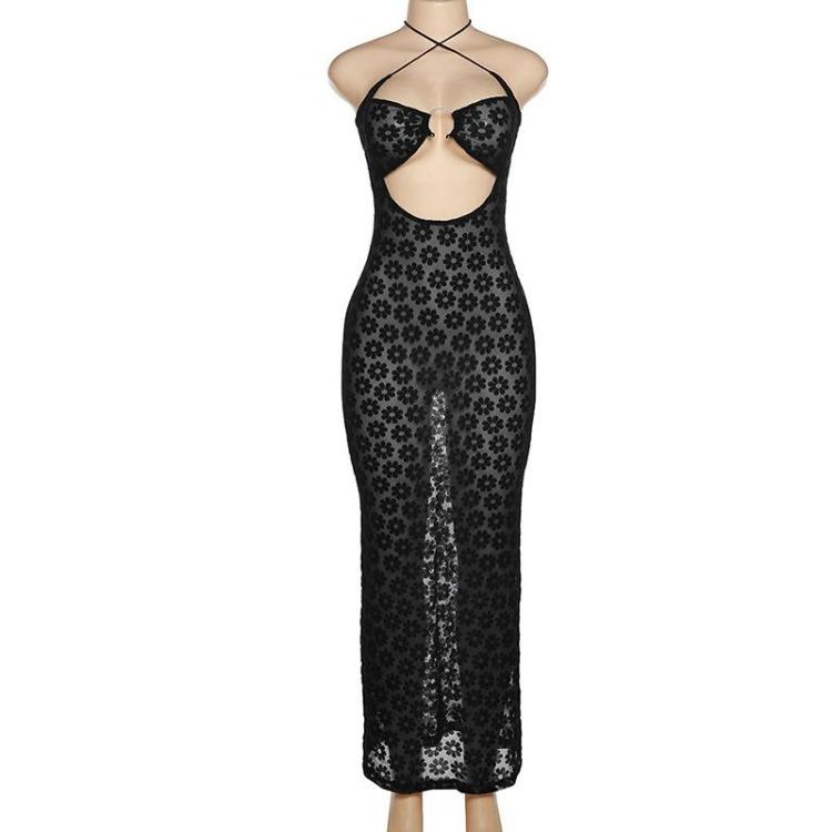 Summer Maxi Dress Elegant Women Backless Floral Cut Out Sexy Party Gown See Through Halter Club