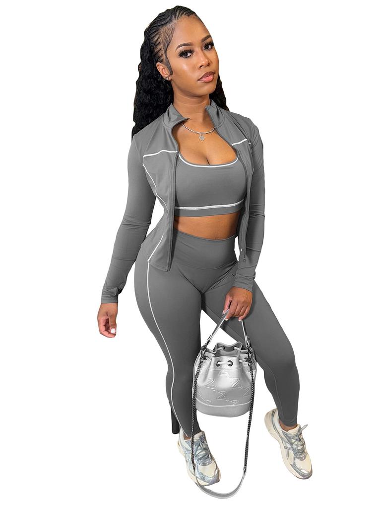 Women Color Block Sports Suit Casual Long Sleeve Zip Up Jacket And High Waist Leggings Workout Set
