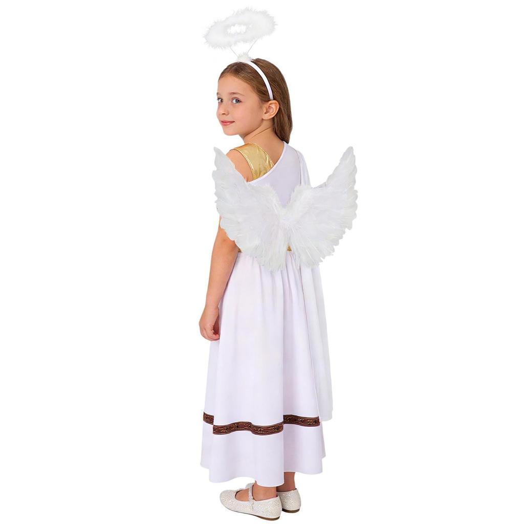 Girls 3 Pieces Greek God Roman Costume Outfit Metallic Gloss Patchwork Sleeveless Dress with Feather Angel Wings and Hair Hoop Cosplay Stage