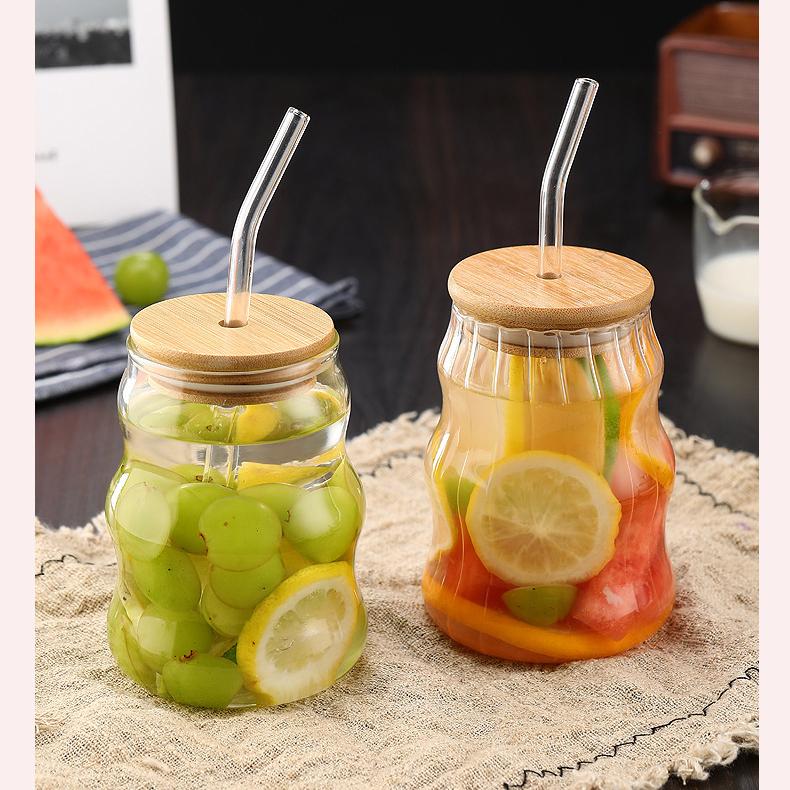 Glass Cup Straw Cup with Lid Striped Glasses Water Cup Coffee Cup Milk Cup
