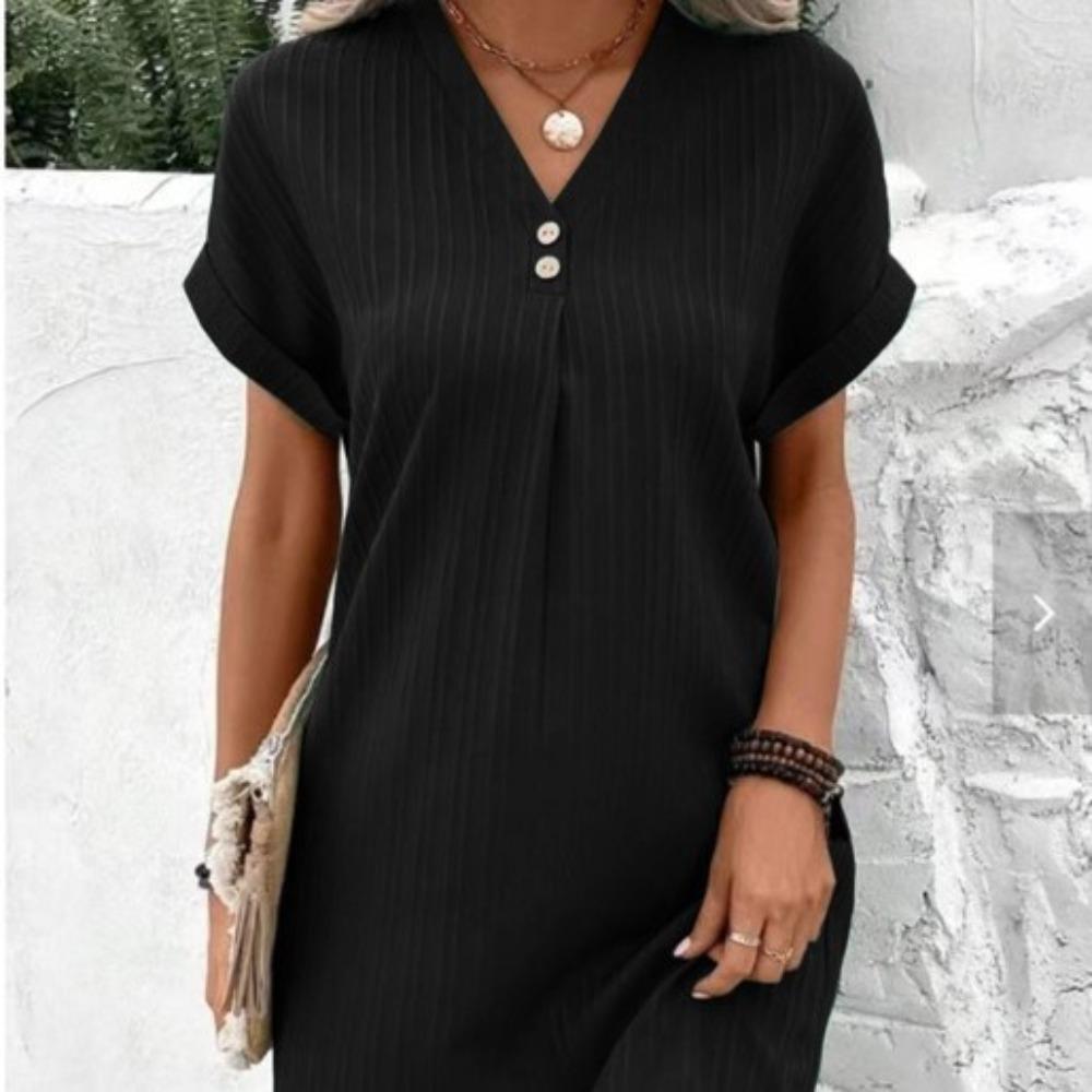 Women's V-Neck Solid Color Pullover Dress, Comfortable Casual Button-Down Midi Dress ,Casual V-Neck Solid Dress, Soft Pullover Style Button Dress