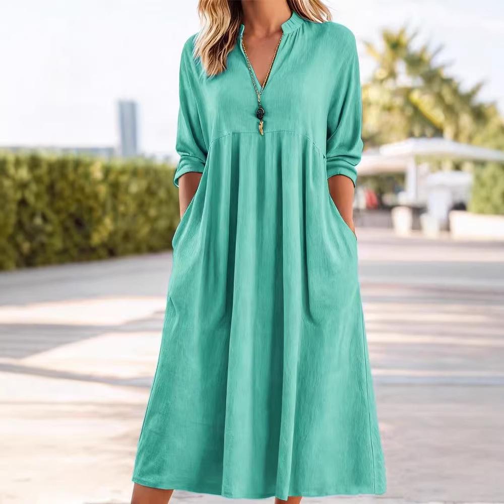 2029 Spring Women's Retro V-neck Cotton Linen Dress with Pockets
