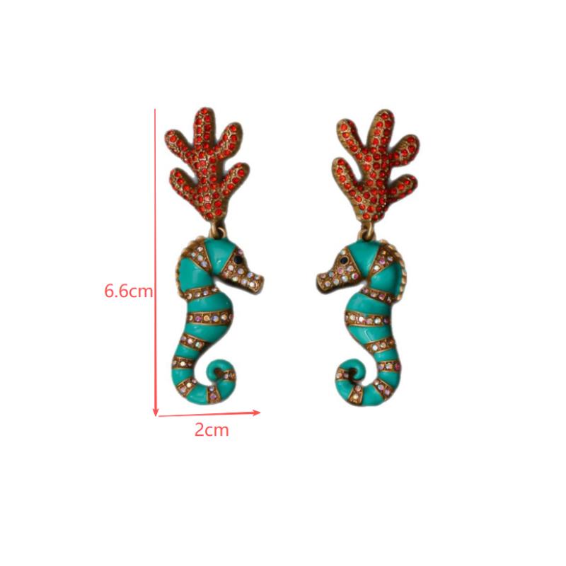 [HF]#1Pair Vintage Micro Diamonds Earrings For Woman Coral Seahorse Enamel Jewelry Gift High Quality Elegant Accessories