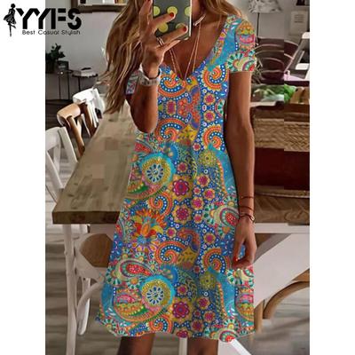 Damenmode Sommer Frühling Print Kurzarm V-Ausschnitt Lose Taille Freizeitkleider