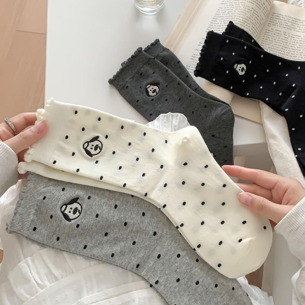 2024 Cute Bubble Lace Dot Puppy Embroidery Pile Socks Cotton Medium Long Tube