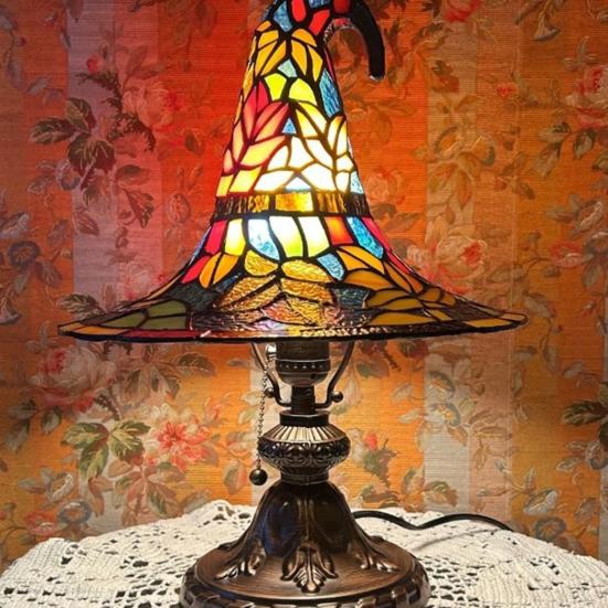 Witch Hat Lamp Stained Glass Resin Wizard Hat Light Spooky Gothic Table Lamp Decorative Standing Light for Indoor Party Haunted Halloween Bedroom