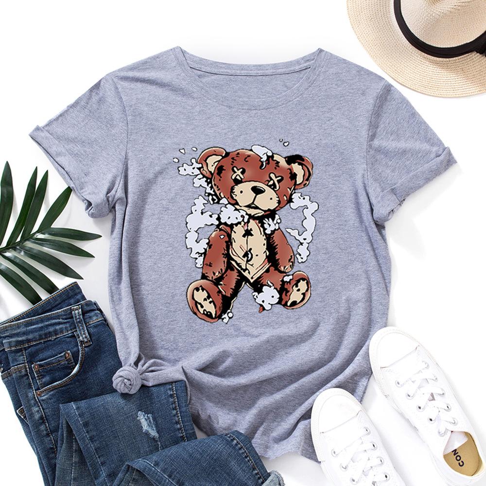 

Мультяшная хлопковая футболка с медведем, с коротким рукавом, мягкая футболка, круглый вырез, женские топы с 2D-принтом 3XL светло-серый