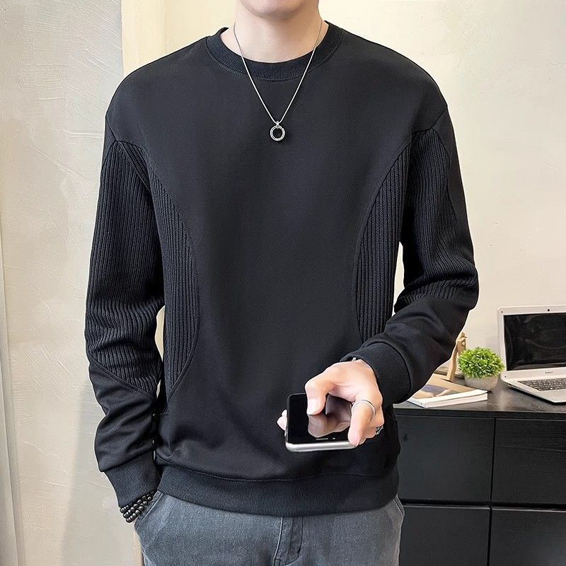 Trendy Korean Spring Autumn Men's 2024 New Spliced Pullover O-Neck Screw Thread Solid Color Loose Casual Long Sleeve Sweatshirts