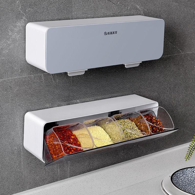 Wandmontierte Gewürzbox Haushalts-Kombinationsset Küchengewürz Vierfach-Fach Integrierte Aufbewahrungsbox Ohne Stanzen