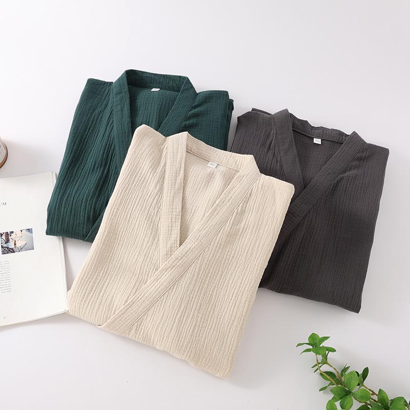 Unisex Pure Cotton Japanese Tie-Up Kimono Pajamas and Gauze Bathrobe for Homewear and Sauna