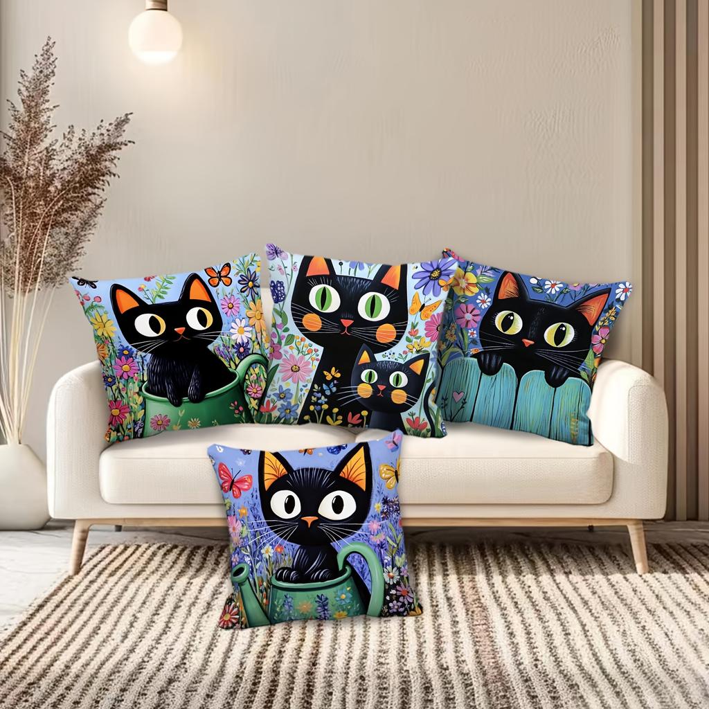 1/4pcs Black Cat Themed Floral Print Pillowcases Sofa cushion cover home bedroom room decoration