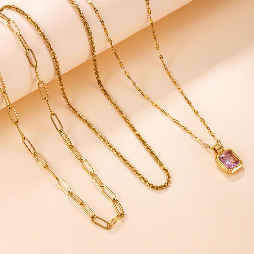 18K Gold Plated Three-Layer European Court Style Clavicle Necklace with Rectangular Cubic Zirconia