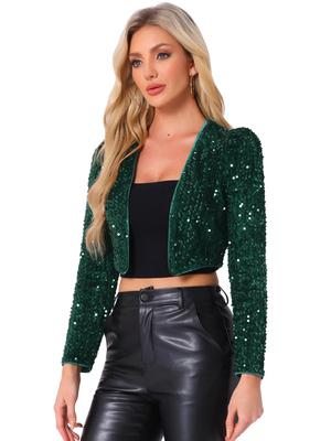 Allegra K Damen Paillettenbesetzter Cropped Bolero Cardigan mit offener Vorderseite, Dunkelgrün, Größe L
