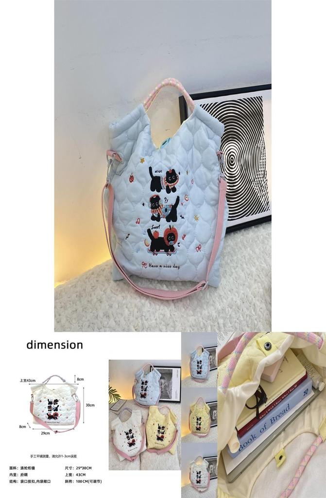 Cute Winter Embroidered Black Cat Tote Bag Spacious Shoulder Crossbody Bag