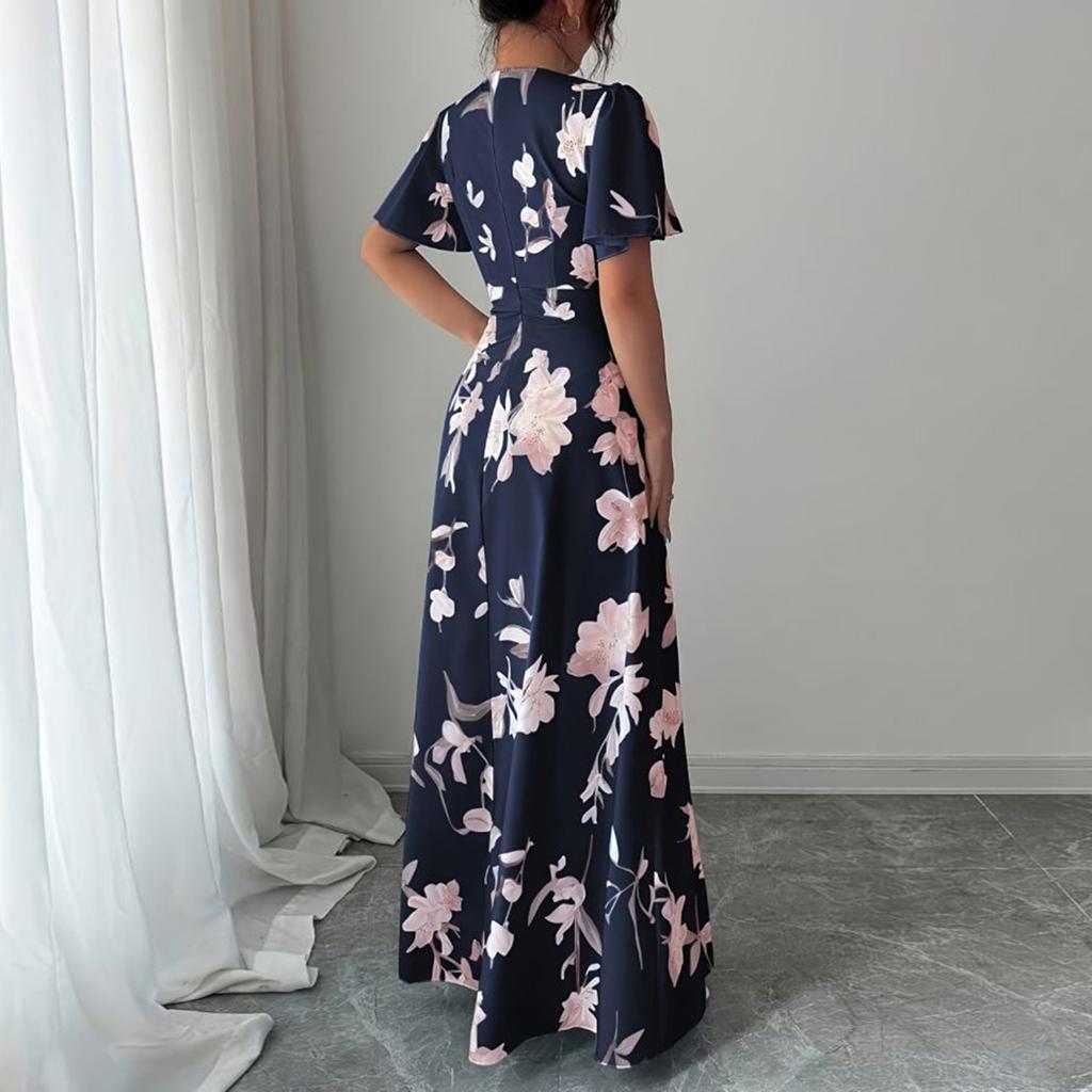 Women's Fashionable Round Neck Short Sleeved Floral Print Waist Cinched Bohemian Dress