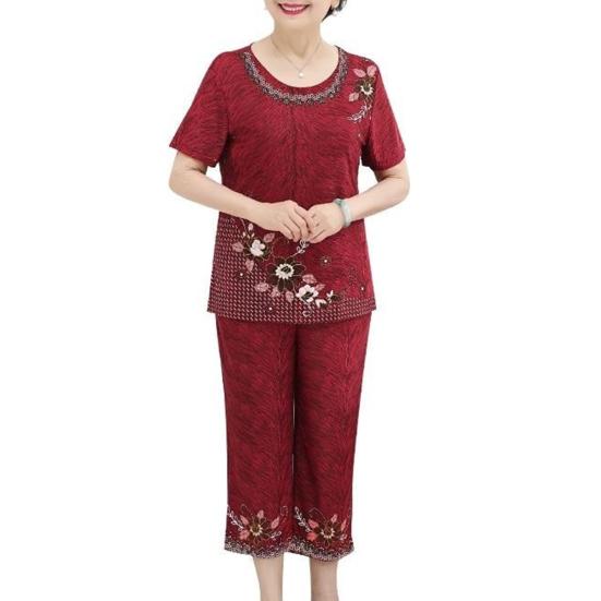 Conjunto de Duas Peças Feminino de Seda Gelada para Primavera Verão, Gola Redonda, Manga Curta + Calças, Conjunto Esportivo Casual