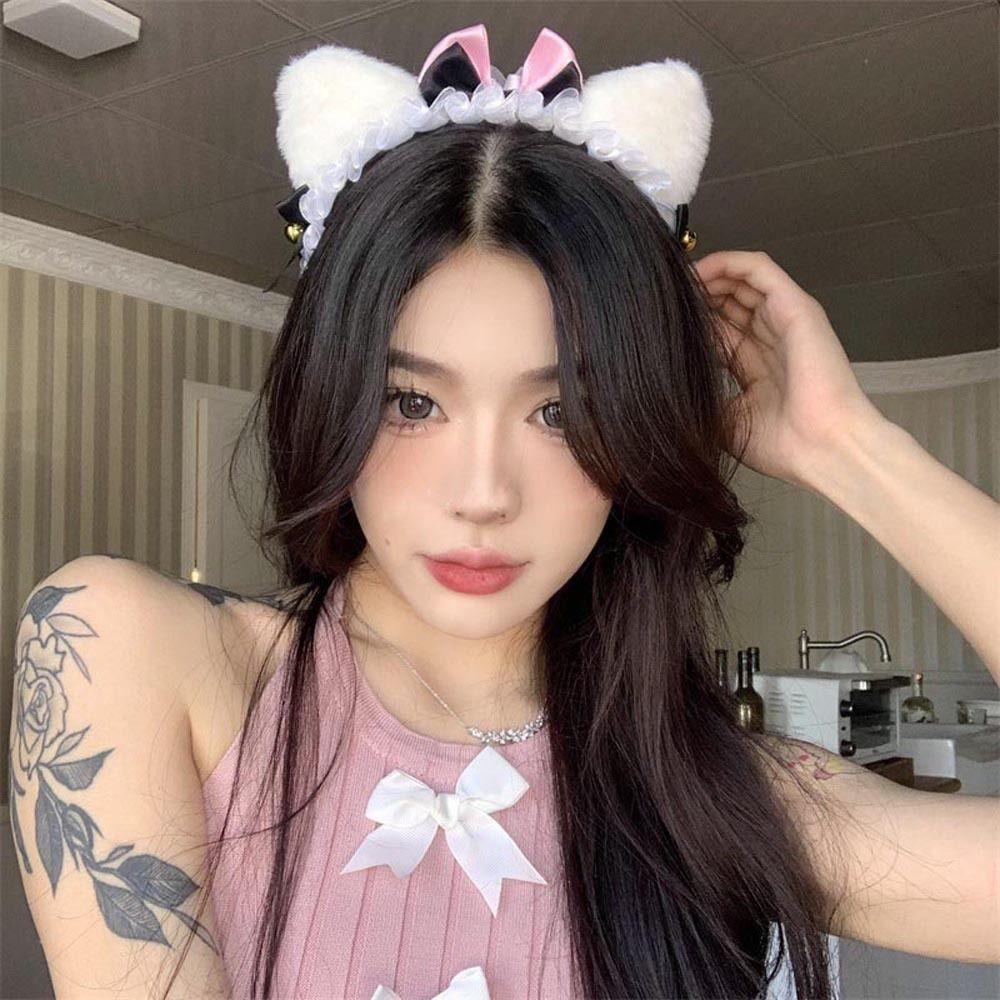 

Party Cute Plush Bell For Girls Head Wrap Korean Hairbands Lace Cat Ear Headband Women Hair Hoop чёрный