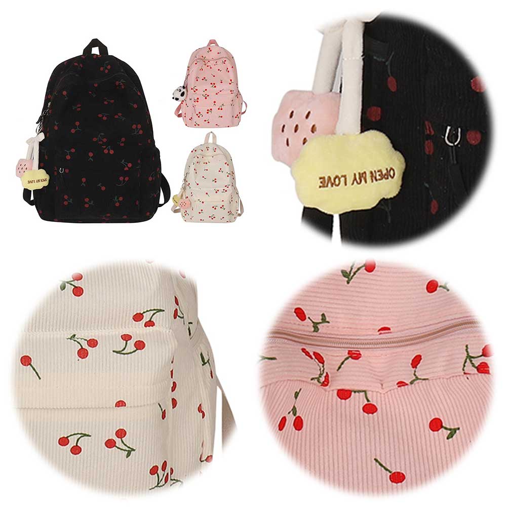 Corduroy Backpack Cherry Pattern Women Travel Daypack Adjustable Strap Laptop Backpack Rucksack for Work Shopping School
