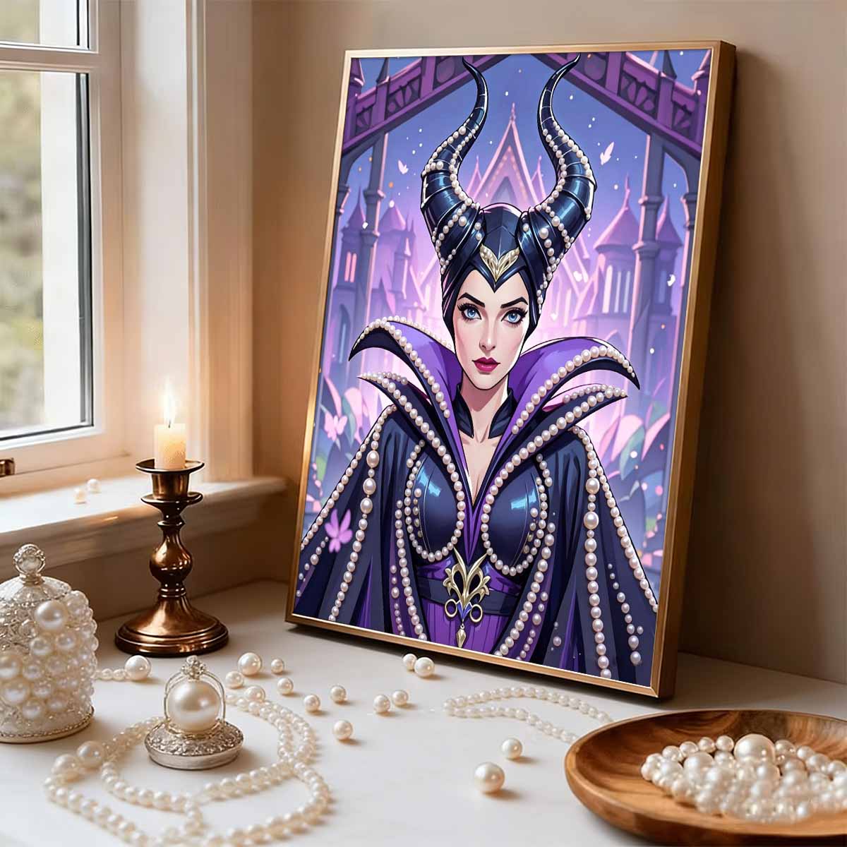 

Handmade Maleficent Series Pearl Effect Frameless Art | Dark Castle & Curved Horn Cool Atmospheric Wall Art for Modern Living Room Home Decor 35x45cm
