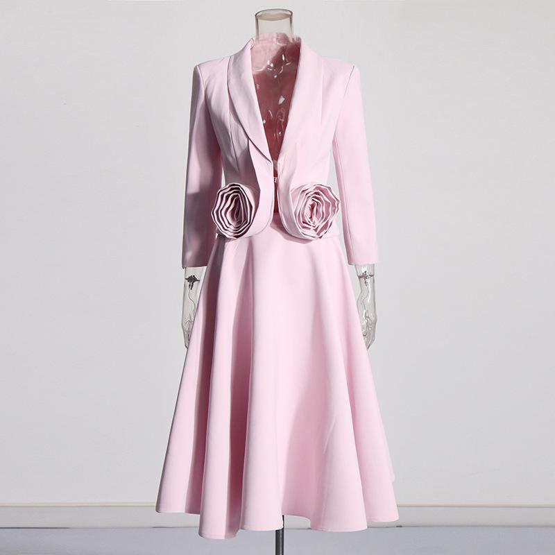 2025 Pink 3D Rose Two-Piece Set: Slim-Fit Blazer & Pleated Mid-Length Skirt