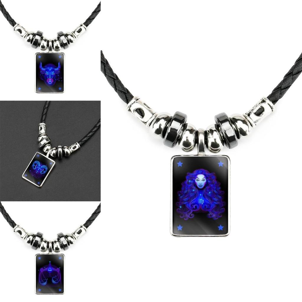 Unique Geometric Shape Zodiac Sign Pendant On Black Leather Rope Necklace