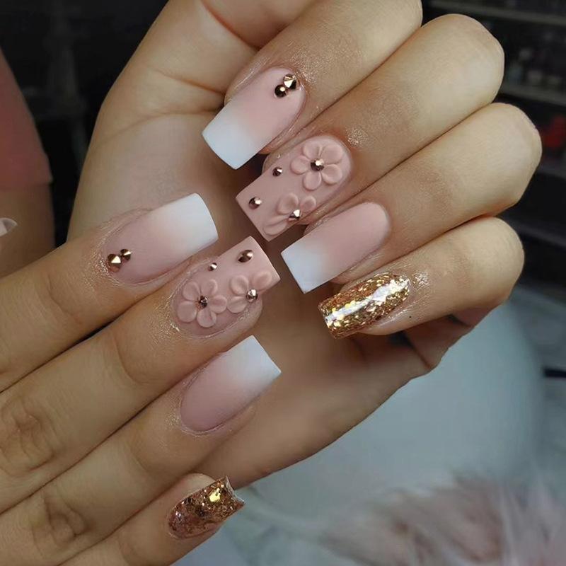 24Pcs Mid-length French Fake Nail with Butterfly Design Square False Nails Wearable Finished Nail Tips Ballet Press on Nails