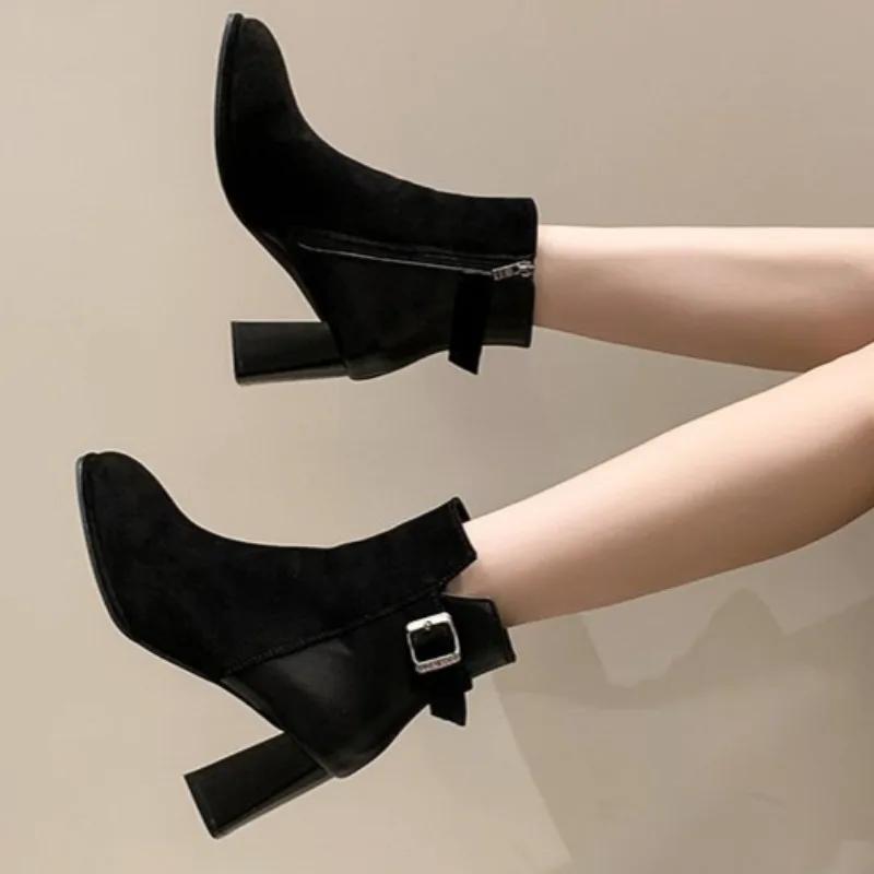 Fashion Winter New Thick Heel Cotton Boots Women's Fashion Square Head Suede Splicing Side Zipper Metal Buckle Non-slip Short Boots