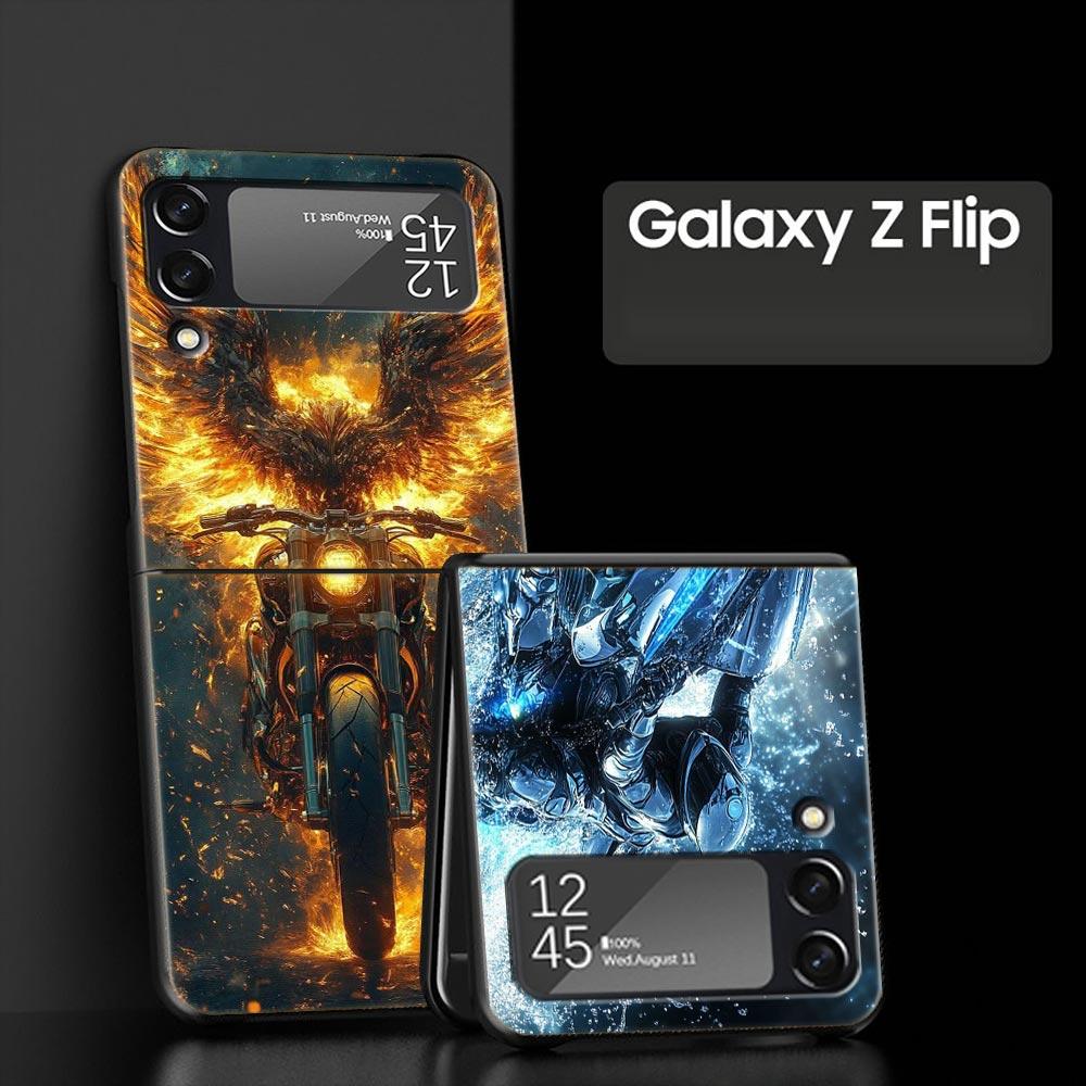 Motorcycle Hard PC Phone Case For Samsung Galaxy Z Flip 7 6 5 4 Black Cover For Galaxy Z Flip 3 Foldable Fundas Shell Capas Bags