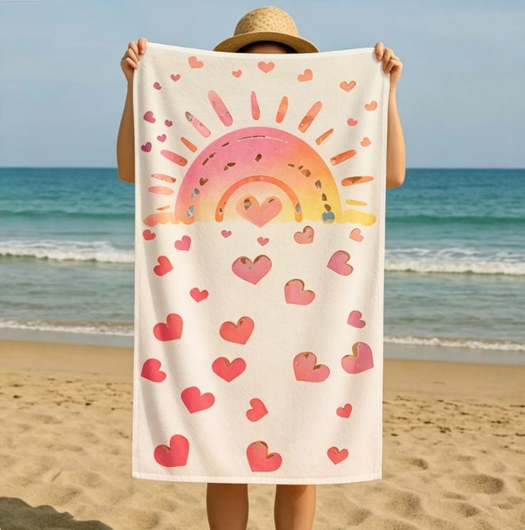 Boho Regenbogen Herz Strandtuch, Mikrofaser Sandfrei Schnelltrocknend, Süßer Liebesdruck, Weich Saugfähig für Kinder & Sommerurlaub