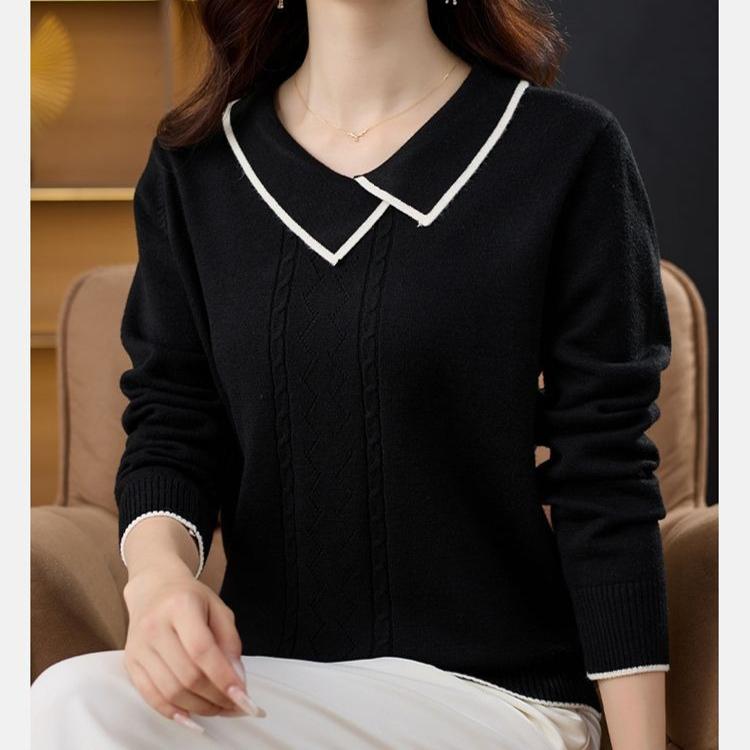Women's V Neck Sweater Solid Color Slim Knit Pullover Sweater Autumn Winter