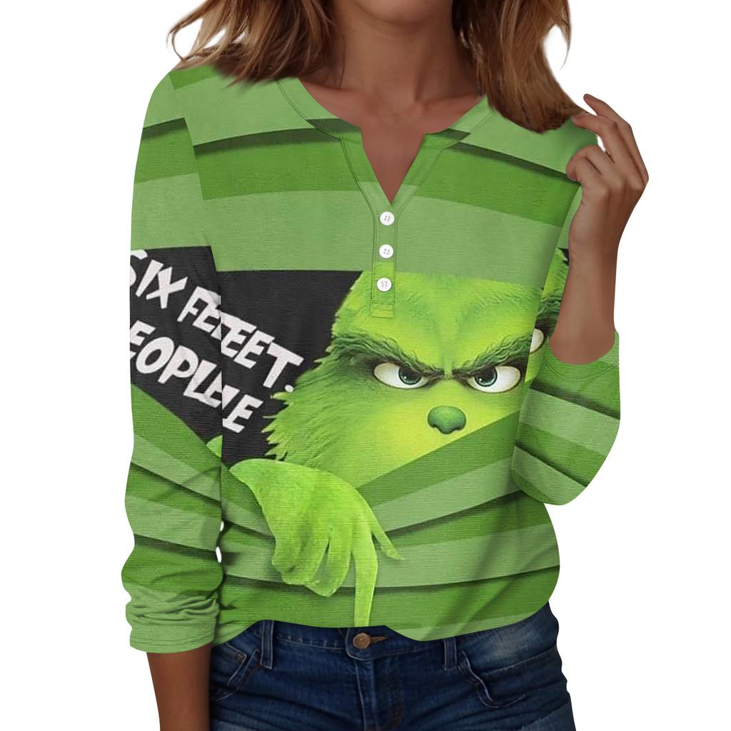 Women's Fashion Casual V-Neck Long Sleeve Decorative Button Christmas Print Top