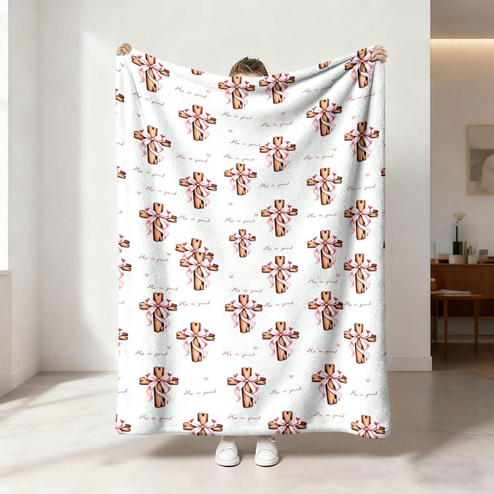 1pc Vintage Wooden Cross Floral Pattern Flannel Blanket Soft Lightweight Throw Blanket For Couch Nap Leisure Religious Home D