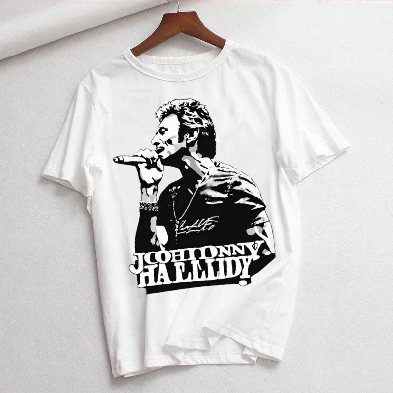 Johnny Hallyday Print T Shirt Women White and Black Shirts Fashion Round Neck Short Sleeve Cotton TShirt