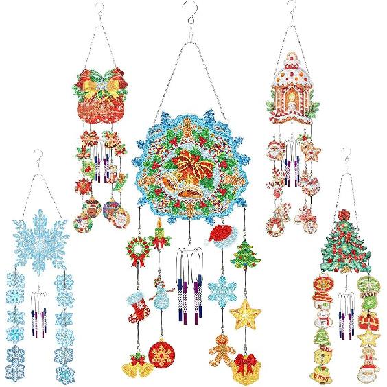 Generic DIY Dotted Diamond Art Painting Wind Chime Kit, Three-Dimensional Sun Catchers Diamonds Dot Paintings Hanging Ornaments, for Spring Garden