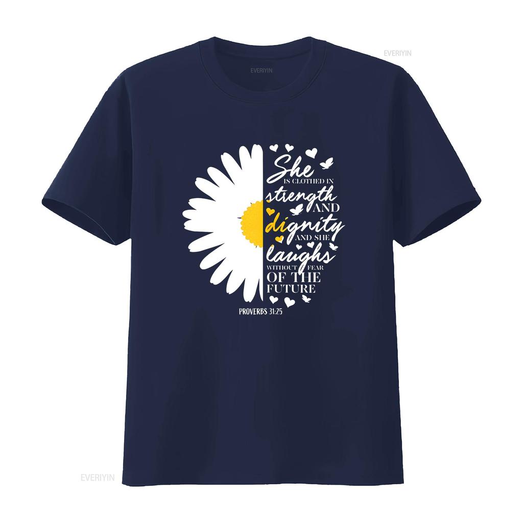 Womens Christian Bible Verse Proverbs 31 28 White Daisy Flower T Shirt Black vintage Washed Versatile Soft