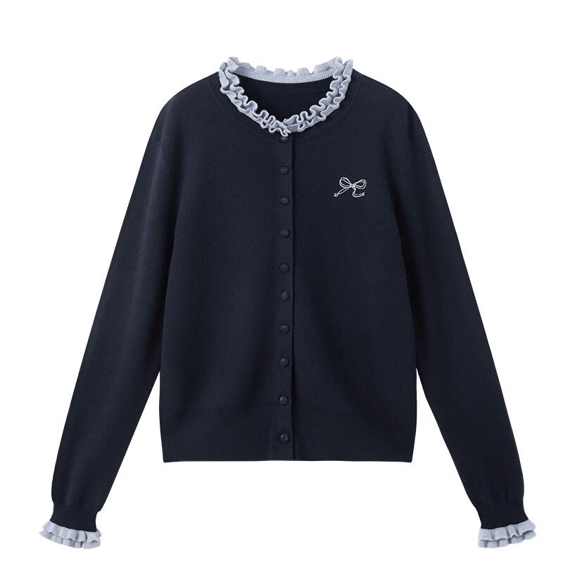 Xiangying Women's Wool Blend Ruffle Trim Knitted Cardigan