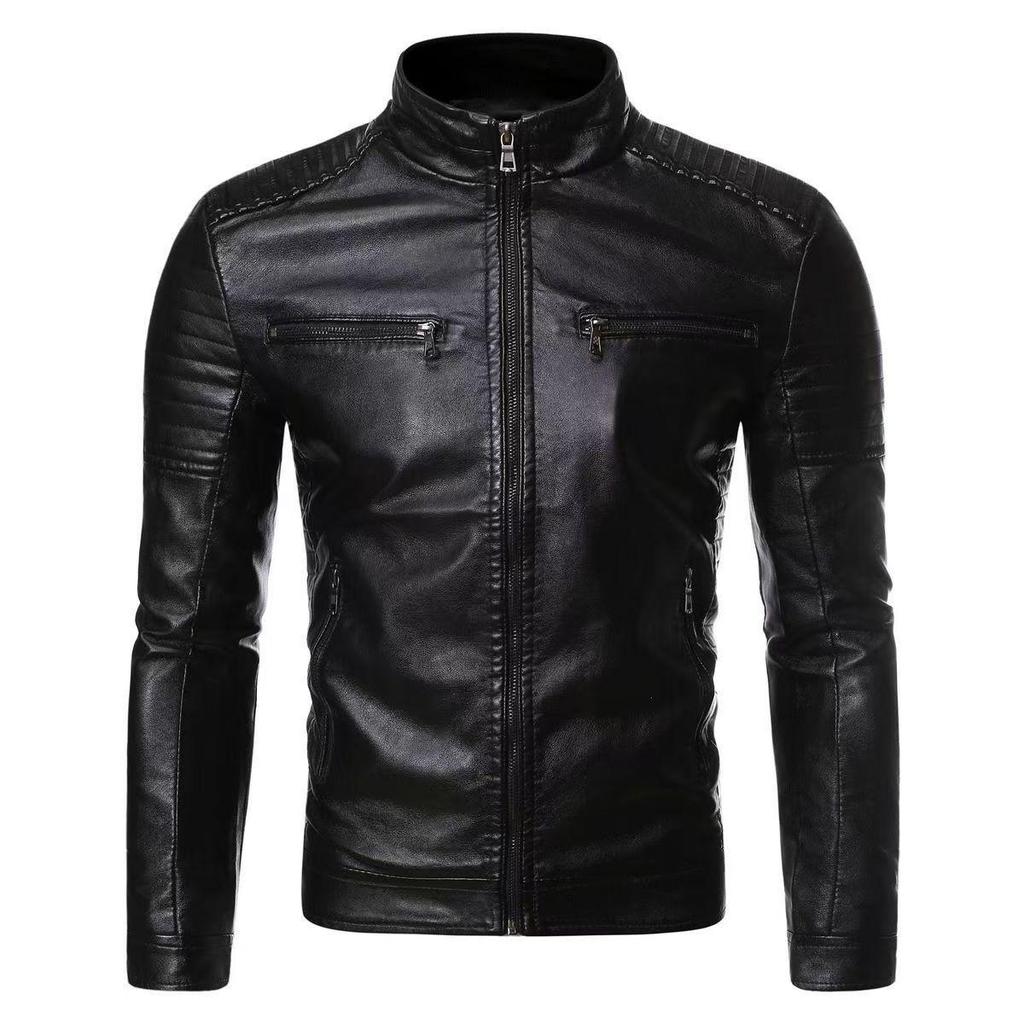 Giacca da Motociclista in Pelle da Uomo Retro con Collo Rialzato per Primavera e Autunno - Elegante Cappotto Antivento Giovanile