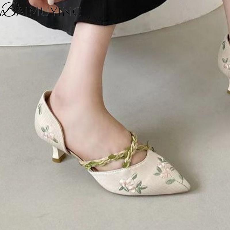 Damen Sandalen mit Absatz Spitzschuhe Stickerei Schuhe Damen Slipper 2025 Trend Elegant Flache Pumps Sommerkleid Sandalias De Mujer