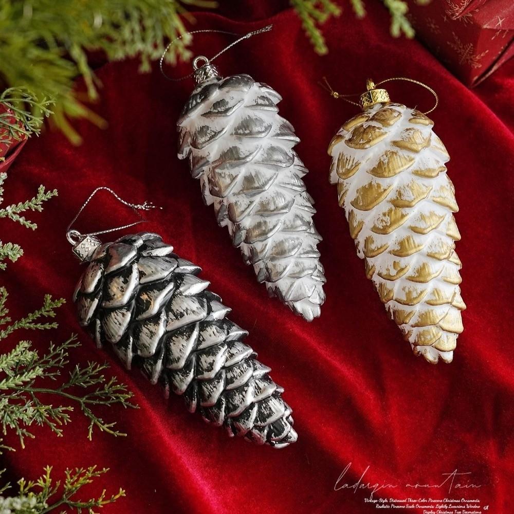 Frosted Look Pine Cone Ornament Metallic Tone Xmas Hanging Decoration  Seasonal Arrangement